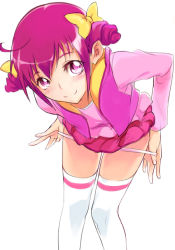 Rule 34 | 10s, 1girl, bad id, bad pixiv id, blush, bow, hair bow, hoshizora miyuki, kick-to-rip, long sleeves, panties, panty pull, pink eyes, pink hair, precure, skirt, smile, smile precure!, solo, thighhighs, twintails, underwear, undressing, vest, white background