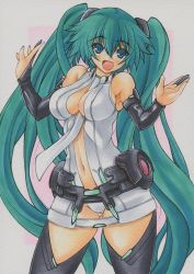 Rule 34 | 1girl, aqua eyes, aqua hair, border, breasts, bridal gauntlets, center opening, cleavage, hatsune miku, hatsune miku (append), long hair, navel, necktie, open mouth, pink background, simple background, solo, thighhighs, twintails, very long hair, vocaloid, vocaloid append, white border, yutakasan-love