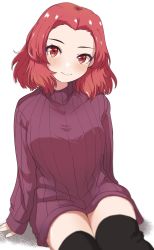 Rule 34 | 1girl, alternate costume, arm support, black thighhighs, blush, breasts, commentary, girls und panzer, highres, looking at viewer, medium breasts, purple sweater, red eyes, red hair, rosehip (girls und panzer), short hair, sleeves past wrists, smile, solo, sweater, thighhighs, thighs, turtleneck, turtleneck sweater, white background, zono (inokura syuzo029)