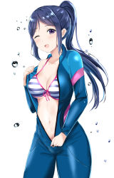 Rule 34 | 1girl, bad id, bad pixiv id, bikini, bikini top only, blue hair, blush, bodysuit, breasts, cleavage, collarbone, diving suit, front-tie bikini top, front-tie top, highres, large breasts, long hair, looking at viewer, love live!, love live! school idol festival, love live! sunshine!!, matsuura kanan, morerin, navel, one eye closed, open bodysuit, open clothes, ponytail, purple eyes, simple background, smile, solo, striped bikini, striped bikini top, striped clothes, swimsuit, underboob, unzipped, water drop, wetsuit, white background, zipper