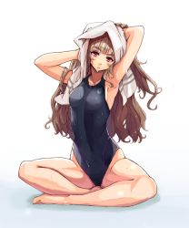 Rule 34 | 10s, 1girl, black one-piece swimsuit, brown hair, competition swimsuit, full body, idolmaster, idolmaster cinderella girls, indian style, kamiya nao, looking at viewer, naga1047, one-piece swimsuit, red eyes, sitting, solo, swimsuit, towel, towel on head, wet