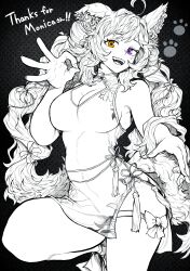 Rule 34 | 1girl, absurdres, animal ears, bare legs, black background, breasts, bridal garter, cleavage, commission, cowboy shot, dress, english text, fangs, greyscale, hand up, heterochromia, highres, large breasts, long hair, monochrome, open mouth, orange eyes, original, patterned background, purple eyes, short dress, side slit, simple background, skeb commission, solo, spot color, standing, teeth, thighs, tongue, upper teeth only, yotsumi shiro