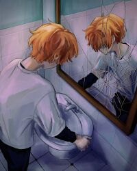 Rule 34 | 1boy, black pants, black undershirt, broken mirror, commentary, crack, english commentary, faceless, faceless male, feet out of frame, highres, male focus, mirror, orange hair, pants, project sekai, reflection, revision, shinonome akito, shirt, short hair, sink, solo, standing, tile floor, tiles, touyaluvrr, white shirt