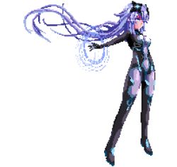 Rule 34 | 1girl, bodysuit, commentary, cundodeviant, english commentary, headgear, long hair, lowres, neptune (series), next purple, outstretched arm, pixel art, purple bodysuit, purple hair, solo, transparent background, very long hair