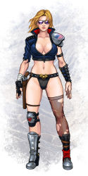 Rule 34 | alternate costume, american flag, armor, blonde hair, boots, breasts, cleavage, cropped, dead or alive, denim, greaves, gun, high heel boots, high heels, highres, holster, jacket, jiggeh, knee pads, large breasts, no bra, shotgun, single knee pad, solo, strapless, sunglasses, tecmo, thighhighs, tina armstrong, torn clothes, torn thighhighs, tube top, weapon