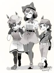 Rule 34 | 1boy, 2girls, :d, androgynous, animal ear headwear, arms at sides, backpack, bag, belt, black gloves, bow, bowtie, closed eyes, closed mouth, collarbone, detached sleeves, fake animal ears, full body, gloves, greyscale, hands up, hat, hat feather, height difference, helmet, high-waist skirt, highres, kemono friends, kemono friends 2, kemono friends 3, kyururu (kemono friends), leaning forward, long hair, looking at another, low ponytail, medium hair, miniskirt, monochrome, multiple girls, open mouth, pants, pantyhose, pantyhose under shorts, pith helmet, ponytail, riri (dgra3272), shirt, shoes, short sleeves, shorts, shoulder bag, side-by-side, sidelocks, skirt, smile, tail, translation request, vest, walking