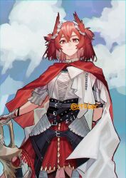 Rule 34 | 1girl, arknights, armor, armored skirt, belt, blue sky, breasts, cape, capelet, chain, chinese commentary, closed mouth, cloud, cloudy sky, collared shirt, commentary, cowboy shot, cross, cross-laced clothes, cross earrings, earrings, english commentary, erober, feather hair, fiammetta (arknights), fiammetta (divine oath) (arknights), gauntlets, greaves, hair between eyes, hand on hilt, jewelry, looking at viewer, mixed-language commentary, multiple belts, official alternate costume, planted, planted sword, planted weapon, red cape, red hair, red skirt, shirt, short hair, skirt, sky, small breasts, smile, solo, standing, sword, weapon, white capelet, white shirt, wing collar
