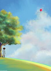 Rule 34 | 1girl, absurdres, artist name, balloon, black skirt, blue sky, child, cloud, cloudy sky, day, highres, long sleeves, melodyfair1019, outdoors, pleated skirt, shirt, sister krone, skirt, sky, solo, standing, tree, white shirt, wide shot, yakusoku no neverland