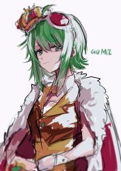 Rule 34 | 1girl, absurdres, blurry, cape, character name, commentary, crown, depth of field, fur-trimmed cape, fur trim, gomiyama, green eyes, green hair, gumi, half-closed eyes, highres, king (vocaloid), light smile, looking at viewer, orange vest, red cape, shirt, short hair, sidelocks, sideways glance, sketch, smirk, solo, upper body, vest, vocaloid, white background, wrist cuffs, yellow shirt