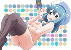 Rule 34 | 1girl, ass, bad id, bad pixiv id, black thighhighs, blue hair, blush, breasts, card, cleft of venus, endro!, eyebrows, flower, green eyes, hat, inverted nipples, large breasts, looking at viewer, medium hair, meiza endust, naruse mai, nipples, nude, open mouth, playing card, polka dot, polka dot background, pussy, shiny skin, simple background, smile, solo, thighhighs, uncensored