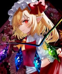 Rule 34 | 1girl, ascot, blonde hair, bow, collared shirt, crystal, fingernails, flandre scarlet, flower, hair over one eye, hat, hat bow, hat ribbon, medium hair, mob cap, nail polish, one side up, parted lips, pointy ears, puffy short sleeves, puffy sleeves, red bow, red eyes, red nails, red ribbon, red skirt, red vest, ribbon, sakizaki saki-p, shirt, short sleeves, side ponytail, skirt, skirt hold, skirt set, solo, touhou, vest, white hat, white shirt, white wristband, wings, wristband, yellow ascot