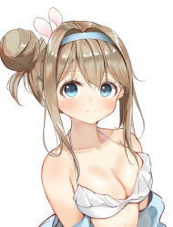 Rule 34 | 1girl, bad id, bad pixiv id, bare shoulders, bikini, blue eyes, blue hairband, blue jacket, blush, breasts, brown hair, cleavage, closed mouth, collarbone, commentary request, girls&#039; frontline, hair between eyes, hair bun, hairband, highres, jacket, long hair, off shoulder, official alternate costume, open clothes, open jacket, sashima, side bun, sidelocks, simple background, single hair bun, single side bun, small breasts, solo, suomi (girls&#039; frontline), suomi (midsummer pixie) (girls&#039; frontline), swimsuit, white background, white bikini