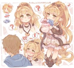 Rule 34 | !?, ..., 1boy, 1girl, 7010, ?, absurdly long hair, black bow, blonde hair, blue hoodie, blush, boots, bow, box, braid, brown footwear, character name, commentary request, dress, ear blush, embarrassed, gift, gift box, gran (granblue fantasy), granblue fantasy, hair bow, harvin, hood, hoodie, long hair, long sleeves, looking at viewer, mahira (granblue fantasy), melissabelle, open mouth, pointy ears, red eyes, smile, spoken ellipsis, spoken interrobang, spoken question mark, very long hair, white day, white dress