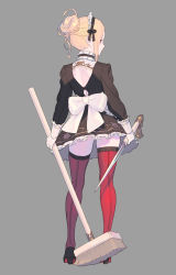Rule 34 | 1girl, back bow, bell, black dress, black ribbon, bow, braid, broom, closed mouth, dress, enkyo yuuichirou, french braid, from behind, full body, grey background, hair bun, hair ribbon, concealed weapon, highres, holding, holding broom, holding weapon, long sleeves, looking at viewer, looking back, maid, maid headdress, original, red eyes, red thighhighs, ribbon, short dress, sideways glance, simple background, single hair bun, solo, standing, thighhighs, weapon, white bow