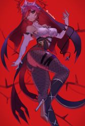 Rule 34 | 1girl, ass, bare shoulders, black footwear, breasts, closed mouth, covered erect nipples, crown of thorns, fingernails, fishnet pantyhose, fishnets, frown, genshin impact, gloves, halo, high heels, highres, large breasts, long fingernails, looking at viewer, lycoris (lyc0riss), nun, pantyhose, purple hair, red background, rosaria (genshin impact), sharp fingernails, signature, skindentation, solo, thigh strap, thorns, torn, torn clothes, turtleneck, twitter username, white gloves