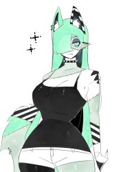 Rule 34 | absurdres, animal ears, bored, breasts, choker, cleavage, colored skin, eyeshadow, green eyes, green hair, green skin, highres, large breasts, long hair, looking at viewer, makeup, mint (togetoge), original, patchwork skin, shorts, slit pupils, spiked choker, spikes, stiches, thick thighs, thighs, togetoge, wide hips