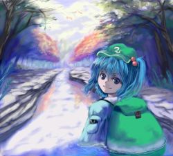 Rule 34 | 1girl, backpack, bag, blue eyes, blue hair, female focus, fork, hair bobbles, hair ornament, kawashiro nitori, looking at viewer, looking back, matching hair/eyes, river, smile, solo, touhou, two side up