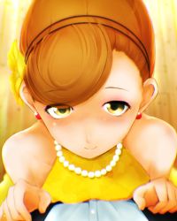 Rule 34 | 1boy, 1girl, akagi mako, alternate hairstyle, ballroom e youkoso, bare shoulders, blush, brown hair, dress, earrings, flower, gown, hair flower, hair ornament, hairband, hands on another&#039;s chest, height difference, jewelry, looking at viewer, necklace, pearl necklace, pov, smile, solo focus, suteneko rirura, yellow dress, yellow eyes