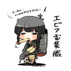 Rule 34 | 10s, 1girl, bad id, bad twitter id, black hair, blush, braid, closed eyes, dated, eating, food, food in mouth, kantai collection, kitakami (kancolle), long hair, lowres, rebecca (keinelove), signature, simple background, single braid, solo, tempura, white background