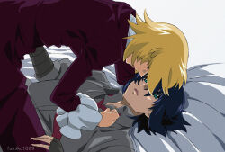 Rule 34 | 1boy, 1girl, artist name, athrun zala, blonde hair, blue hair, cagalli yula athha, clenched hand, couple, eye contact, formal, fumiko (mesushi), girl on top, green eyes, grey shirt, gundam, gundam seed, gundam seed freedom, hand on another&#039;s chest, looking at another, lying, on back, on bed, pant suit, pants, red tie, shirt, suit, yellow eyes
