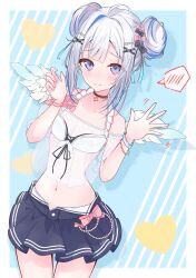 Rule 34 | 1girl, absurdres, ahoge, amane kanata, amane kanata (7th costume), blue eyes, blue hair, blue skirt, blush, border, bracelet, breasts, choker, closed mouth, commentary request, cowboy shot, double bun, feathered wings, grey hair, hair bun, hair ornament, halterneck, hands up, heart, highres, hololive, jewelry, lace, lace choker, looking at viewer, medium hair, mini wings, multicolored hair, navel, nishiki yuno, official alternate costume, outside border, pearl bracelet, pink hair, sidelocks, skirt, small breasts, smile, solo, spoken blush, standing, streaked hair, swimsuit, virtual youtuber, white border, wings, wristband, x hair ornament