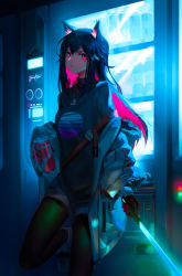 Rule 34 | 1girl, absurdres, animal ears, arknights, bad id, bad pixiv id, black hair, black legwear, cola, colored inner hair, cyberpunk, derivative work, highres, holding, holding sword, holding weapon, jacket, jacket on shoulders, jewelry, leg up, long hair, looking at viewer, multicolored hair, necklace, official alternate costume, shirt, shoes, solo, standing, sword, t-shirt, tail, texas (arknights), texas (winter messenger) (arknights), user ffrk5252, vending machine, weapon, wolf ears, wolf tail