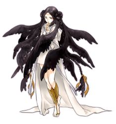 Rule 34 | 1girl, ankle wrap, barefoot, barefoot sandals (jewelry), black hair, black wings, braid, circlet, crying, dress, head wings, jewelry, long hair, original, robe, solo, tmt, toe ring, transparent background, twin braids, very long hair, wings, yooani