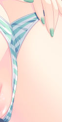 Rule 34 | 00s, 1girl, cleft of venus, close-up, clothing aside, hatsune miku, nail polish, nanami ayane, out-of-frame censoring, panties, panties aside, partially visible vulva, pussy juice, solo, striped clothes, striped panties, underwear, vocaloid