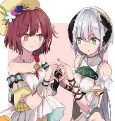 Rule 34 | + +, 2girls, arm ribbon, atelier (series), atelier sophie, bad id, bad pixiv id, bare shoulders, brown eyes, brown hair, covered navel, female focus, gloves, green eyes, hair ornament, hat, heart, heart hands, heart hands duo, holding hands, interlocked fingers, jewelry, long hair, low twintails, maromi (am97), multiple girls, necklace, plachta, ribbon, see-through, shirt, short hair, short sleeves, silver hair, single glove, smile, sophie neuenmuller, symbol-shaped pupils, twintails, upper body, very long hair, yuri