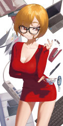 Rule 34 | 1girl, arm under breasts, black-framed eyewear, black nails, blonde hair, bob cut, book, breast lift, breasts, brown eyes, cleavage, closed mouth, collarbone, computer, cowboy shot, cup, dress, fingernails, glasses, highres, key, laptop, large breasts, leaning forward, long fingernails, long sleeves, looking away, looking to the side, nail polish, office lady, original, paper, pen, pencil dress, photocopier, power strip, printer, red dress, scoop neck, short dress, short hair, simple background, sleeves past wrists, smile, solo, some1else45, staple, stapler, swept bangs, teacup, tight clothes, tight dress, tsurime, white background