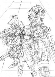 Rule 34 | 1girl, architect (frame arms), architect (frame arms girl), bare shoulders, commentary request, detached collar, elbow gloves, frame arms, frame arms girl, gloves, graphite (medium), greyscale, gun, headgear, highres, kumichou (ef65-1118-ef81-95), long hair, looking at viewer, mecha, mecha musume, microskirt, monochrome, pile bunker, polearm, power fist, robot, sketch, skirt, thighhighs, thighs, tile floor, tiles, traditional media, weapon