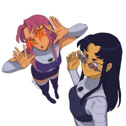 Rule 34 | 2girls, adjusting eyewear, blackfire, boots, bracer, breasts, colored skin, commentary, dc comics, english commentary, flame-shaped eyewear, full body, genniax, highres, long hair, medium breasts, multiple girls, orange skin, purple hair, red hair, siblings, signature, sisters, skirt, smile, star-shaped eyewear, star (symbol), starfire, sunglasses, superhero costume, teen titans, thigh boots, upper body, white background