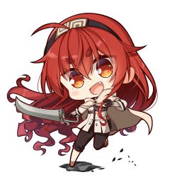 Rule 34 | 1girl, ahoge, black gloves, black hairband, blush stickers, chibi, cloak, crossed bangs, eris greyrat, fang, gloves, hair between eyes, hairband, hatachi, holding, holding sword, holding weapon, long hair, mushoku tensei, open mouth, red eyes, red hair, solo, sword, thick eyebrows, weapon