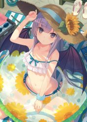 Rule 34 | 1girl, armpits, bare arms, bare shoulders, basket, beach mat, bikini, breasts, closed mouth, collarbone, commentary request, demon wings, expressionless, floral print, flower, from above, grey eyes, grey hair, hand up, hat, hat flower, innertube, leaf, long hair, looking at viewer, original, sand, scrunchie, side-tie bikini bottom, sitting, slippers, small breasts, solo, strap slip, straw hat, sunflower, sunglasses, swim ring, swimsuit, very long hair, white bikini, wings, wrist scrunchie, yashiro seika