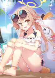 Rule 34 | 1girl, bare arms, bare legs, bare shoulders, barefoot, bikini, blue archive, blush, collarbone, day, eyewear on head, flat chest, frilled bikini, frills, halo, hifumi (blue archive), hifumi (swimsuit) (blue archive), highres, light brown hair, long hair, looking at viewer, low twintails, official alternate costume, open mouth, outdoors, peroro (blue archive), round eyewear, solo, sunglasses, swimsuit, taku michi, twintails, white bikini, yellow eyes, yellow halo