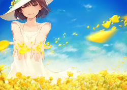Rule 34 | 1girl, absurdres, blurry, brown hair, day, depth of field, dress, field, flower, flower field, hat, highres, lips, motion blur, original, outdoors, outstretched arms, petals, short hair, signature, sky, sleeveless, sleeveless dress, smile, solo, sun hat, sundress, white dress, yellow eyes, yuranpo