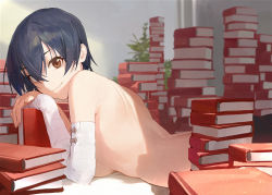 Rule 34 | 1girl, back, bakemonogatari, bandaged arm, bandages, black hair, black pantyhose, book, book stack, breasts, brown eyes, closed mouth, commentary, from side, hair between eyes, kanbaru suruga, looking at viewer, looking to the side, lying, medium breasts, modare, monogatari (series), nude, on stomach, own hands together, pantyhose, short hair, smile, solo, too many, too many books