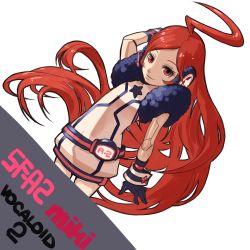 Rule 34 | ahoge, bad id, bad pixiv id, belt, boots, dress, gloves, headphones, joints, kansou samehada, long hair, red eyes, red hair, robot joints, sf-a2 miki, star (symbol), striped clothes, striped gloves, very long hair, vocaloid, wrist cuffs