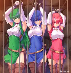 Rule 34 | 3girls, armor, arms up, blue eyes, blue hair, boots, bound, breastplate, brick wall, brown footwear, catria (fire emblem), chain, chained, chained wrists, chain, covered navel, dungeon, elbow gloves, est (fire emblem), fire emblem, fire emblem: mystery of the emblem, gloves, green eyes, green hair, headband, highres, indoors, kirishima satoshi, long hair, multiple girls, nintendo, palla (fire emblem), pegasus knight uniform (fire emblem), pink eyes, pink hair, restrained, short hair, siblings, sisters, thigh boots, thighhighs, white gloves, white headband