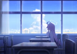 Rule 34 | 1girl, blue archive, blurry, chair, classroom, cloud, cumulonimbus cloud, curtains, depth of field, desert, desk, elbow on table, elbow rest, facing away, from side, game cg, halo, hand on own chin, head rest, highres, hoshino (blue archive), indoors, long hair, long sleeves, looking outside, non-web source, official art, on chair, pink hair, puffy long sleeves, puffy sleeves, school chair, school desk, shirt, sitting, solo, very long hair, white shirt, window