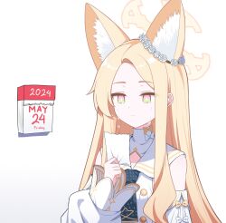 Rule 34 | 1girl, 2024, animal ear fluff, animal ears, blonde hair, blue archive, calendar (object), crying, crying with eyes open, dated, detached sleeves, dripping, english text, extra ears, flower, forehead, fox ears, fox girl, hair flower, hair ornament, halo, highres, holding, holding paper, long hair, long sleeves, orange eyes, paper, parted bangs, reading, reia 76, sad, sailor collar, school uniform, seia (blue archive), sidelocks, simple background, solo, tears, turtleneck, upper body, white background, white sailor collar, wide sleeves