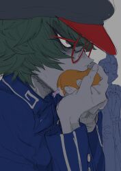 Rule 34 | 2boys, angry, animal, animal in mouth, black headwear, blue jacket, brown eyes, cabbie hat, coat, commentary request, crossover, danganronpa (series), danganronpa 2: goodbye despair, facial mark, furrowed brow, glasses, green hair, grey background, hamster, hands up, hat, high collar, highres, holding, holding animal, jacket, long sleeves, looking ahead, looking at another, male focus, master detective archives: rain code, multiple boys, na 6, open mouth, red-framed eyewear, shaded face, tanaka gundham, teeth, upper body, upper teeth only, zilch alexander