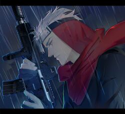 Rule 34 | 1boy, arc the lad, arc the lad ii, closed mouth, cofffee, forehead protector, gun, highres, letter, male focus, protected link, rain, red scarf, scarf, short hair, shu (arc the lad), solo, weapon