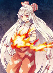 Rule 34 | 1girl, blue background, bow, collar, eyes visible through hair, fire, fujiwara no mokou, gradient background, hair bow, hand on own hip, hand up, long hair, looking at viewer, multicolored bow, open mouth, pants, purple background, red bow, red eyes, red pants, shirt, short sleeves, smile, solo, standing, tomobe kinuko, touhou, white bow, white collar, white hair, white shirt, white sleeves