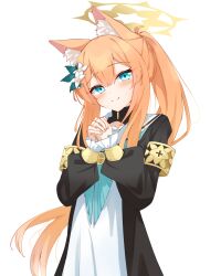 Rule 34 | 1girl, alternate hairstyle, animal ear fluff, animal ears, blue archive, blue eyes, breasts, cat ears, flower, green neckerchief, habit, hair flower, hair ornament, halo, highres, kabocya na, long hair, long sleeves, mari (blue archive), neckerchief, nun, orange hair, ponytail, puffy long sleeves, puffy sleeves, simple background, solo, white background, white flower, yellow halo