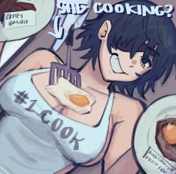 Rule 34 | 1girl, apron, bacon, black hair, breasts, brown background, chainsaw man, egg, eyepatch, food, food on body, food on breasts, fried egg, green eyes, highres, himeno (chainsaw man), large breasts, liowig, looking at viewer, meme attire, nude, plate, short hair, smile, solo, spatula