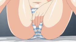 Rule 34 | 1girl, animated, animated gif, bed, bed sheet, fault!!, female focus, female masturbation, fingering, fingernails, masturbation, masturbation through clothes, panties, shiny skin, sitting, solo, spread legs, striped clothes, striped panties, sugiyama mio, underwear