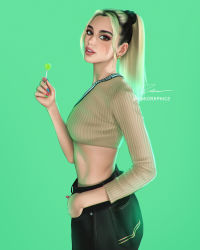 Rule 34 | 1girl, blackpink, blonde hair, brown eyes, candy, crop top, dua lipa, earrings, food, gradient hair, grey background, jewelry, lips, lollipop, looking at viewer, medium hair, midriff, multicolored hair, multicolored nails, nail polish, parted lips, ponytail, profile, real life, solo, standing, twitter username, umigraphics