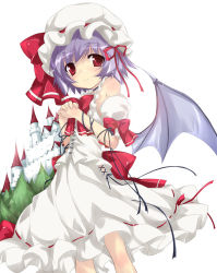 Rule 34 | 1girl, adapted costume, bad id, bad pixiv id, bare shoulders, bat wings, castle, female focus, hat, light purple hair, light smile, own hands clasped, own hands together, red eyes, remilia scarlet, short hair, simple background, smile, solo, tareme, touhou, tree, wings, yumesato makura