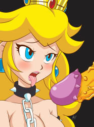 Rule 34 | 1boy, 1girl, bdsm, blonde hair, blue eyes, blush, bowser, breasts, chain, cleavage, collar, crown, earrings, erection, forced, hetero, highres, jewelry, large penis, lipstick, long hair, makeup, mario (series), nintendo, open mouth, penis, pink lips, princess peach, simple background, spiked collar, spiked penis, spikes, super mario bros. 1, tongue, tongue out, uncensored, veins, veiny penis